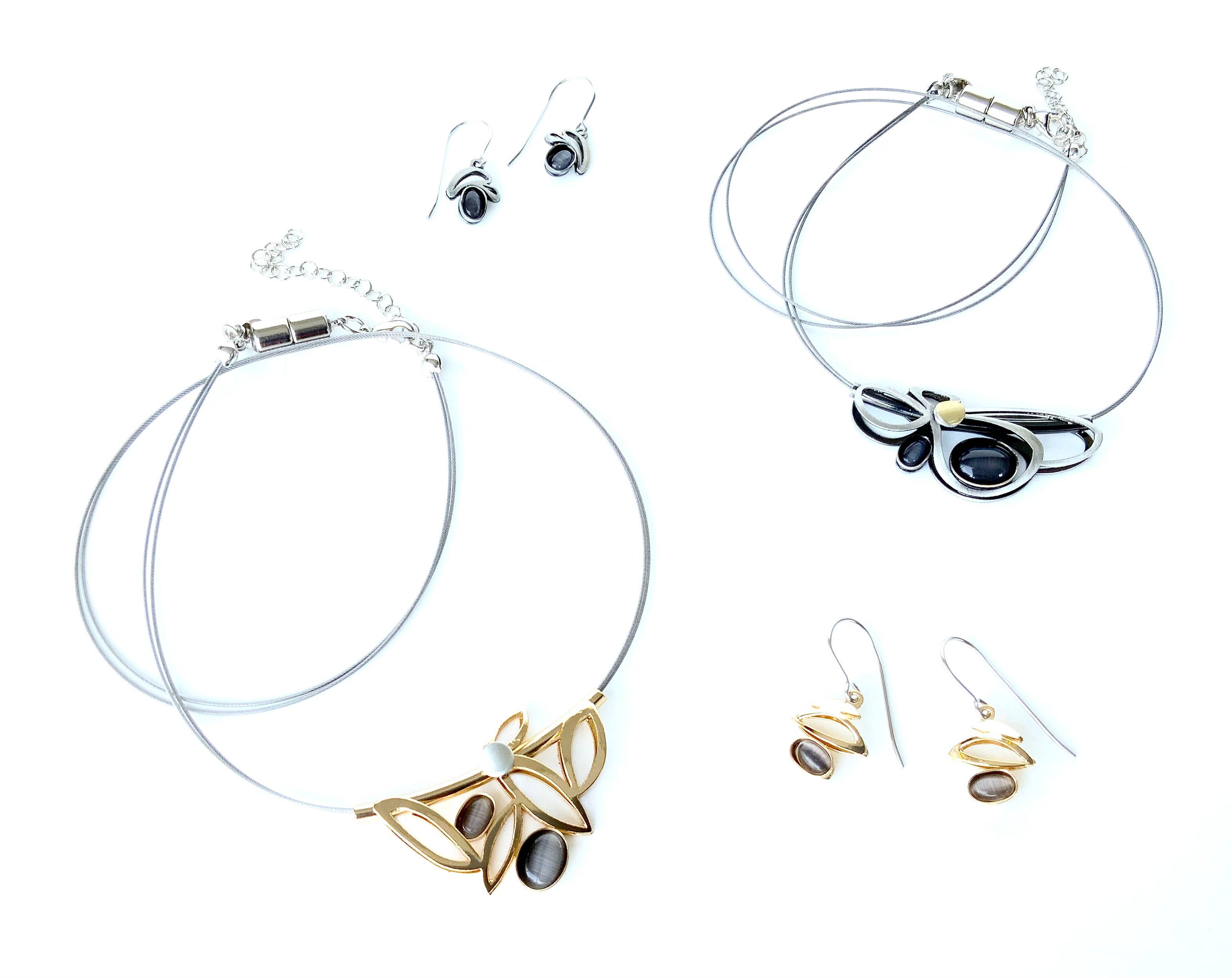 Christophe Poly / Crono Design - Vente Parures de bijoux - ENSEMBLES (GY1) - Collier (G) 17"+2" & Boucles d'oreilles crochet en fil (Y) Ensemble13