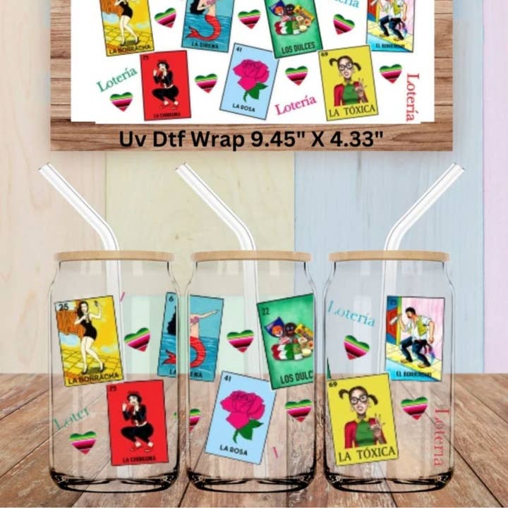 Tasse en verre Loteria avec couvercle et paille pour la vente par Eleven 11 Vibes