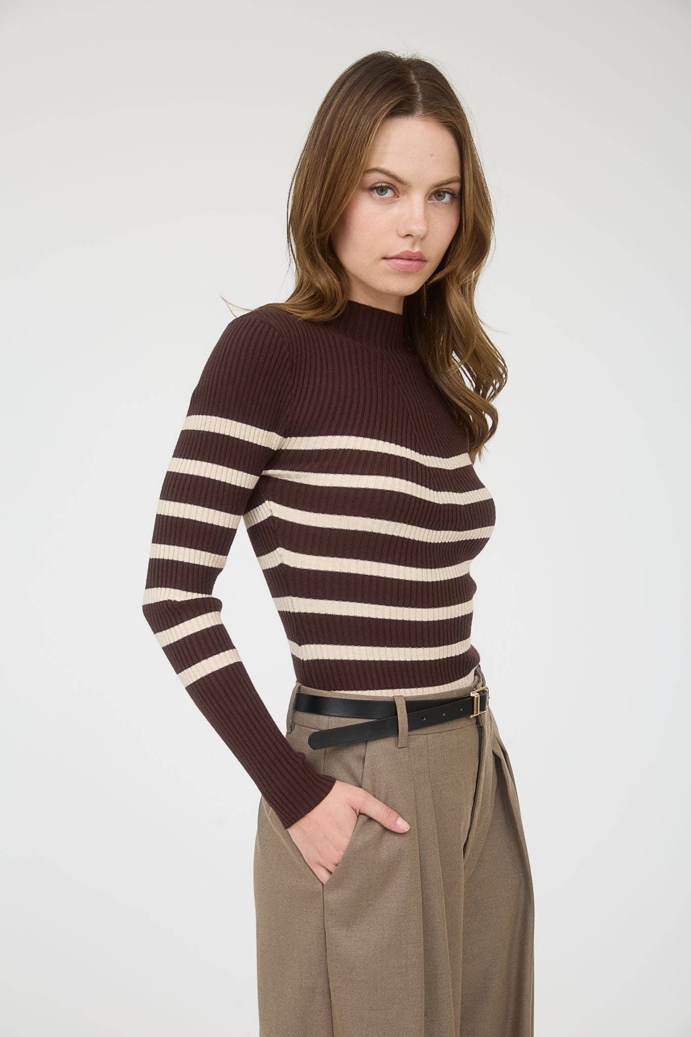 The Workshop Studio - Wholesale Knit Sweater - Women's - MOCK NECK STRIPE LONG SLEEVE SWEATER KNIT PULLOVER13