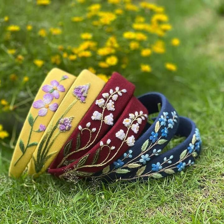 Quince Fables - Wholesale Fashion Headband - Women's - Lily of The Valley, Forget-me-not Orchid Embroidered Headban