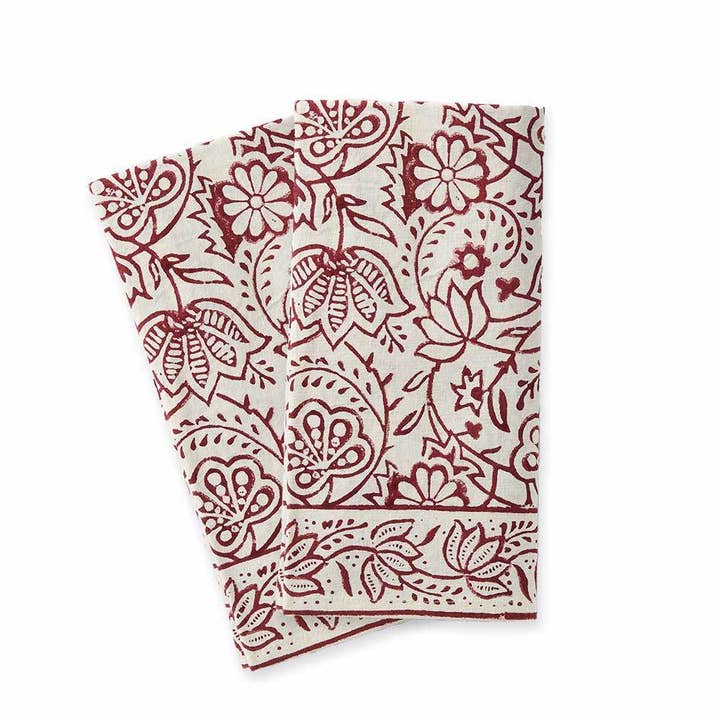 SERRV International - Wholesale Dinner & Cloth Napkin - Cranberry Vine Block Print Napkins - Set of 2
