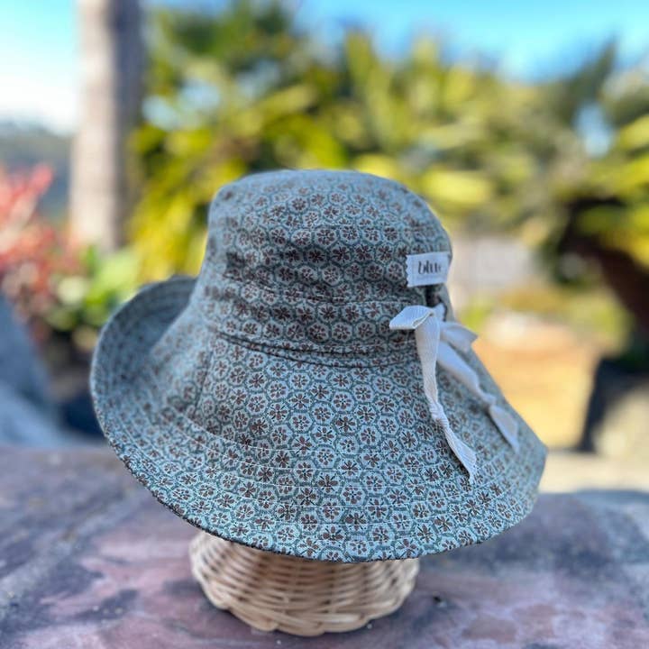 Blue Corduroy - Wholesale Bucket Hat - Women's - Cotton Wide Brim Sun Hat with Tie - Sage Floral2