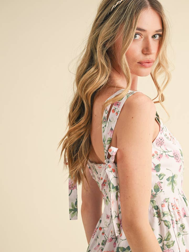 &MERCI - Vente Robe – femme - ROBE COURTE À VOLANTS FLORAUX AVEC BRETELLES À NOUER MDR38086