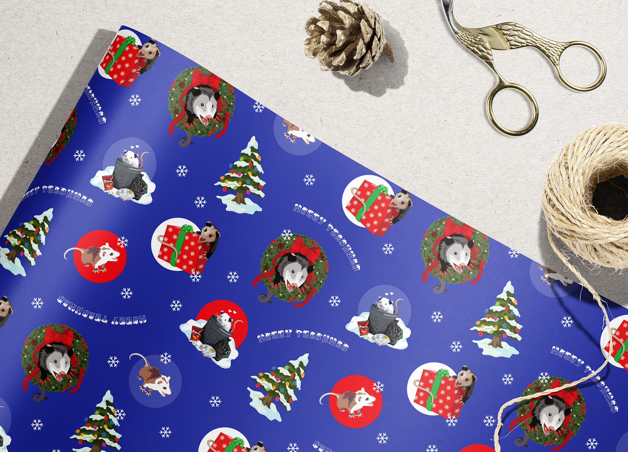 BoyPilot Goods - Wholesale Flat Wrap - Merry Trashmas Wrapping Paper - Possum Christmas Gift Wrap1