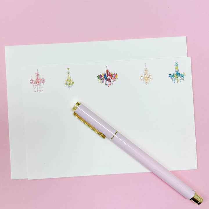 NOTECARD SET - 'CHANDELIER' 10 hand glittered flat notecards for wholesale by Paperlove Boutique