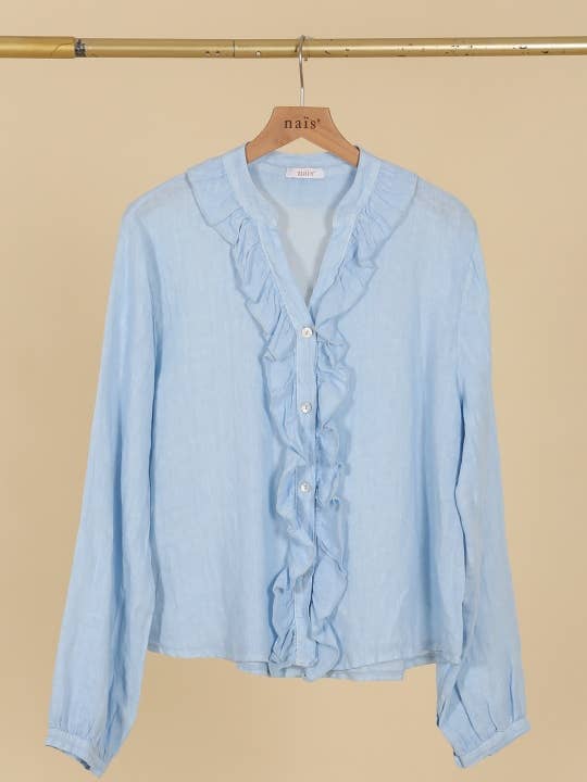 NAÏS PARIS - Wholesale Button Down Shirt - Women's - BUTTON-DOWN COLLAR SHIRT WITH RUFFLE DETAILS 100% LINEN