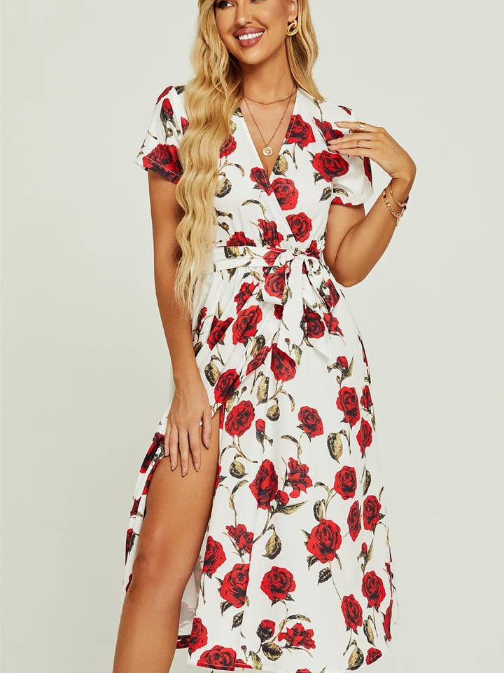 FS Collection - Wholesale Dress - Women's - Red Floral Print High Waist Wrap Midi Dress In White