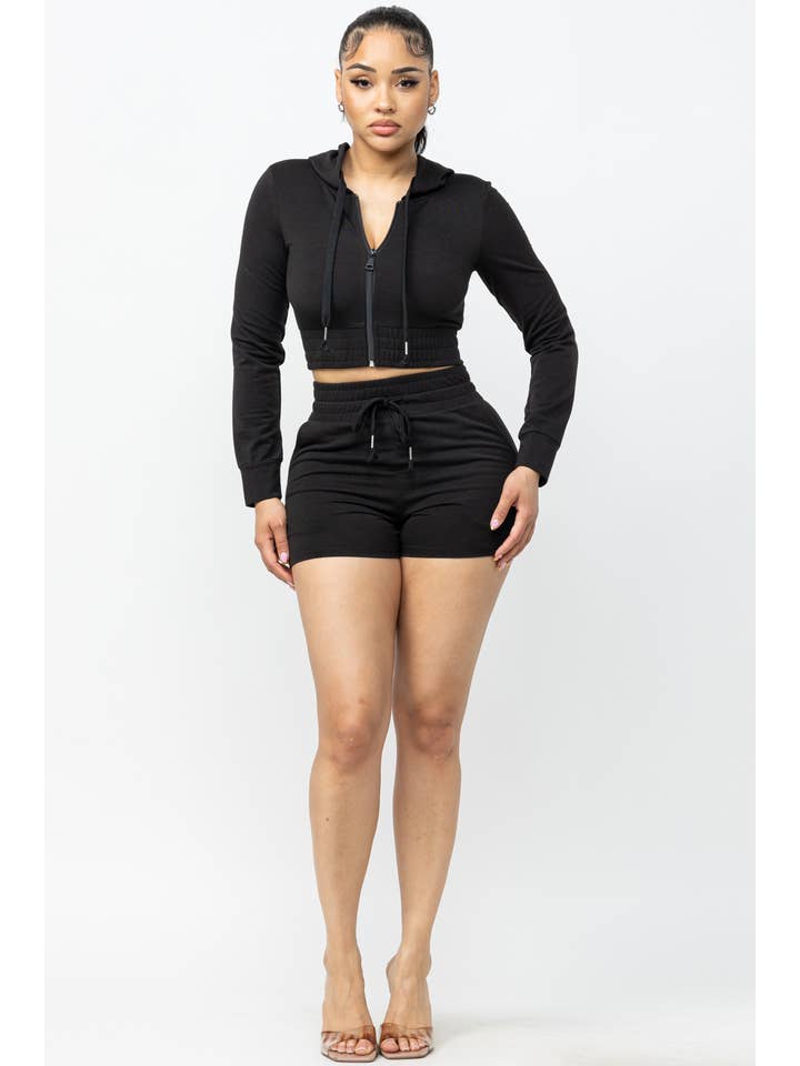 Boswell - Wholesale Lounge Set - Women's - HOODED CROP TOP AND SHORTS SET