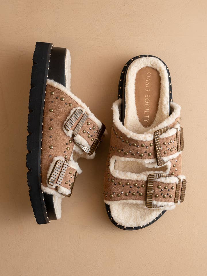 The Gaylen | Latte Studded Buckle Fleece-Lined Slide for wholesale by OASIS SOCIETY