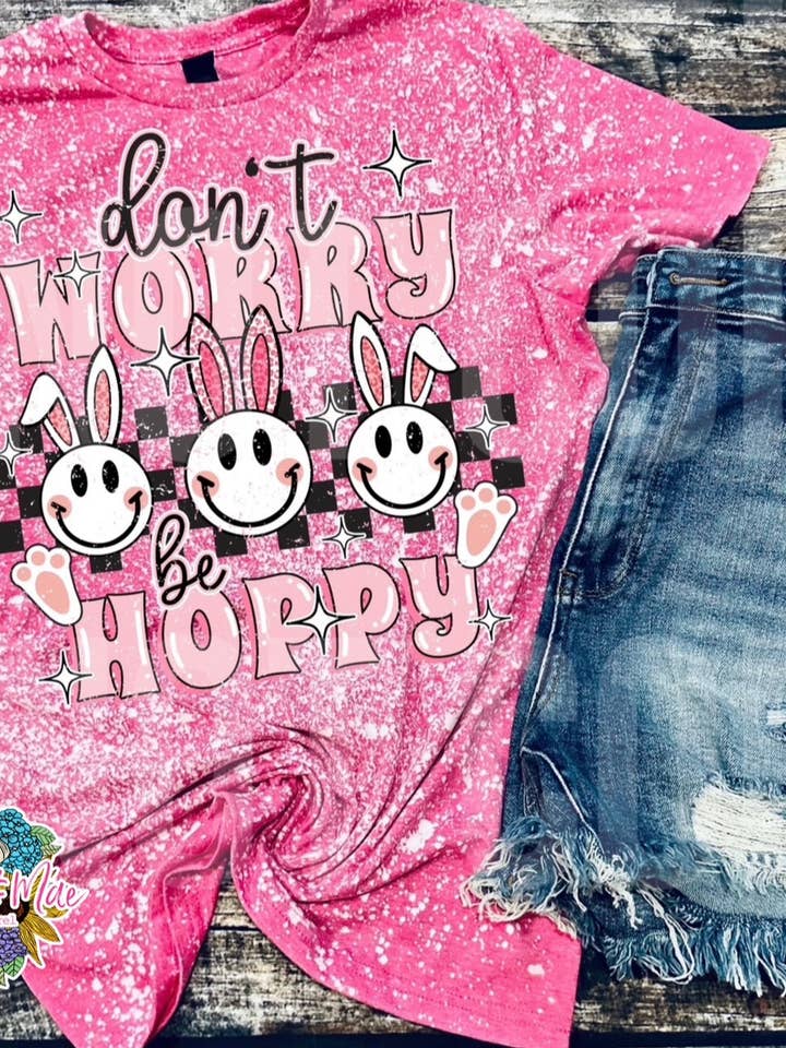 Don't Worry Be Hoppy Bleached Tee RTS for wholesale by Maddie & Mae Custom Apparel Wholesale