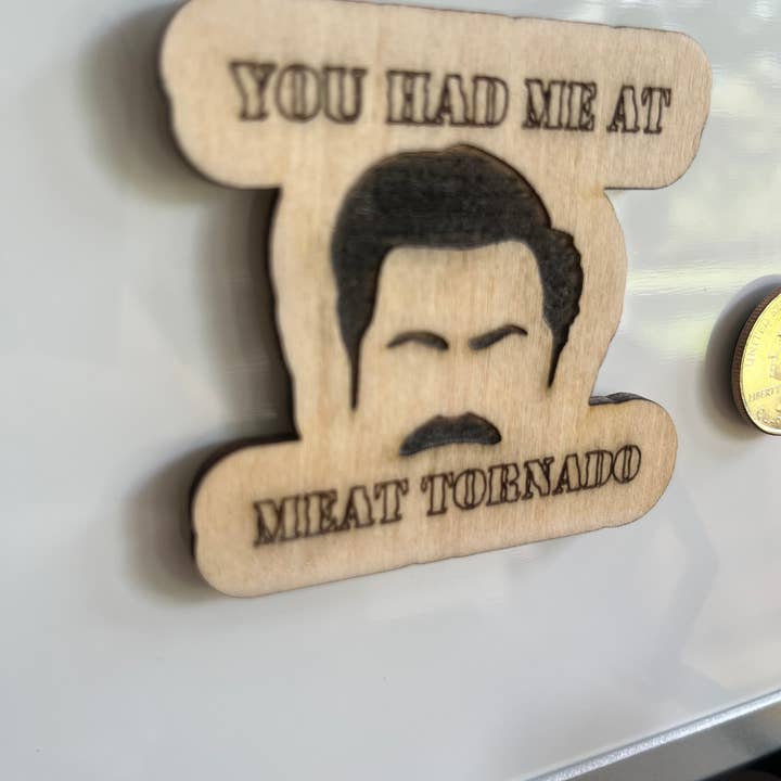 Ron Swanson Wooden Magnet - "Meat Tornado" for wholesale by Restore & Decor
