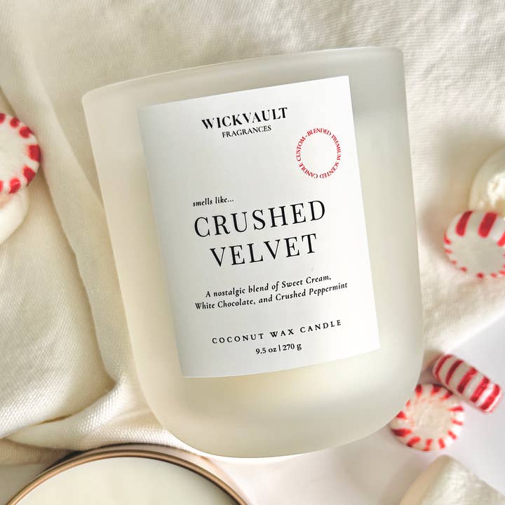 Crushed Velvet - 9.5 oz Frosted Glass Coconut Soy Wax Candle w/ Wooden Wick for wholesale by Wick Vault Fragrances