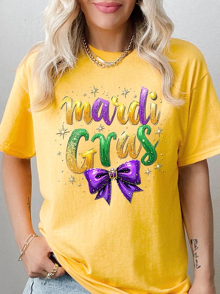 Mardi Gras Sløjfe Grafisk Kraftig Bomulds T-shirt for engroshandel hos Pink Irene Wholesale