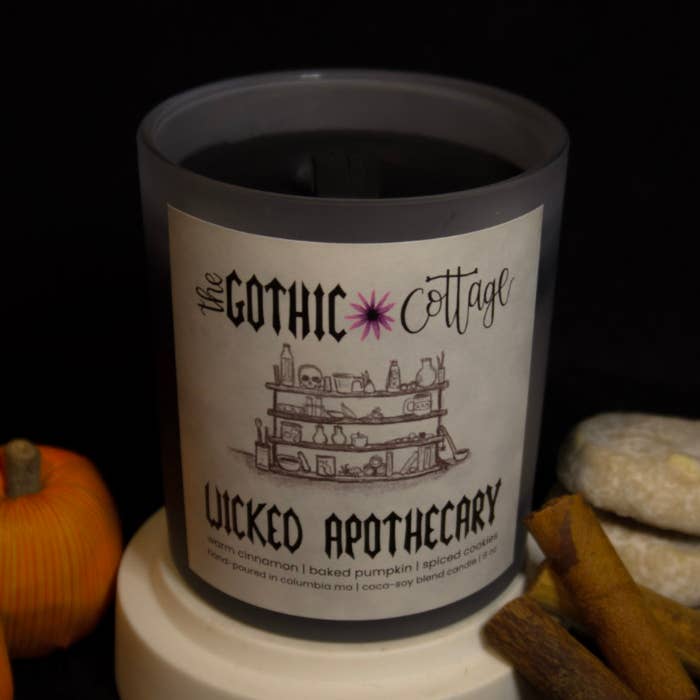 Cinnamon & Pumpkin—8oz black candle | Wicked Apothecary for wholesale by The Gothic Cottage