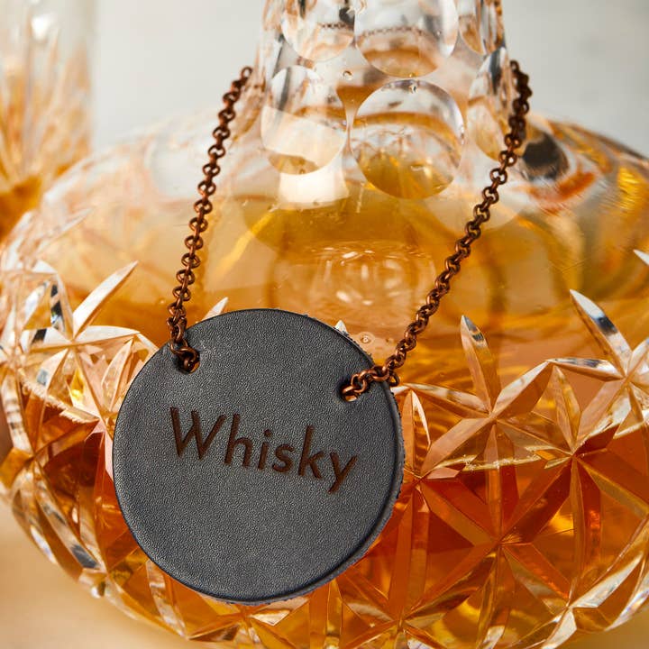 Engraved Leather bottle tag for decanter for wholesale by Parkin & Lewis