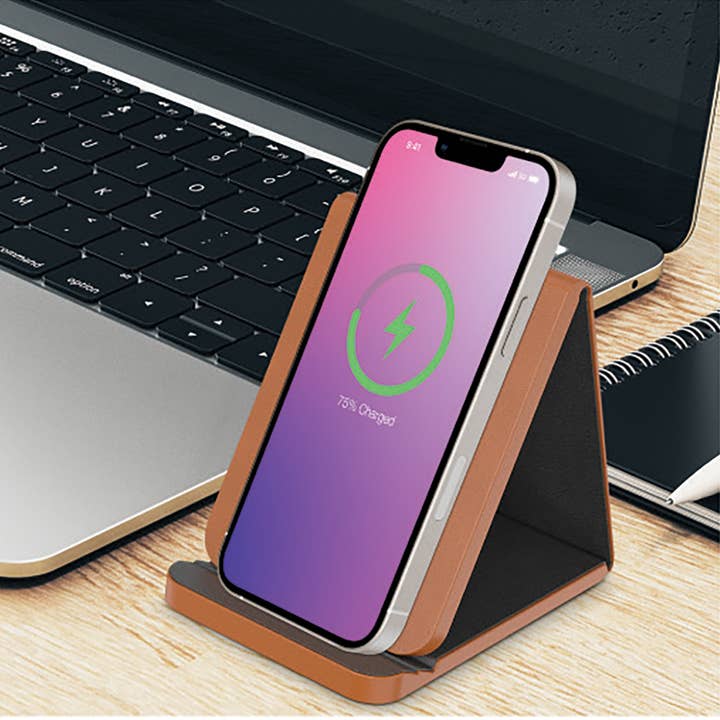 PhunkeeTree - Wholesale Phone/Tablet Stand - Tan with Black - Leather Wireless Charging Folding Stand1