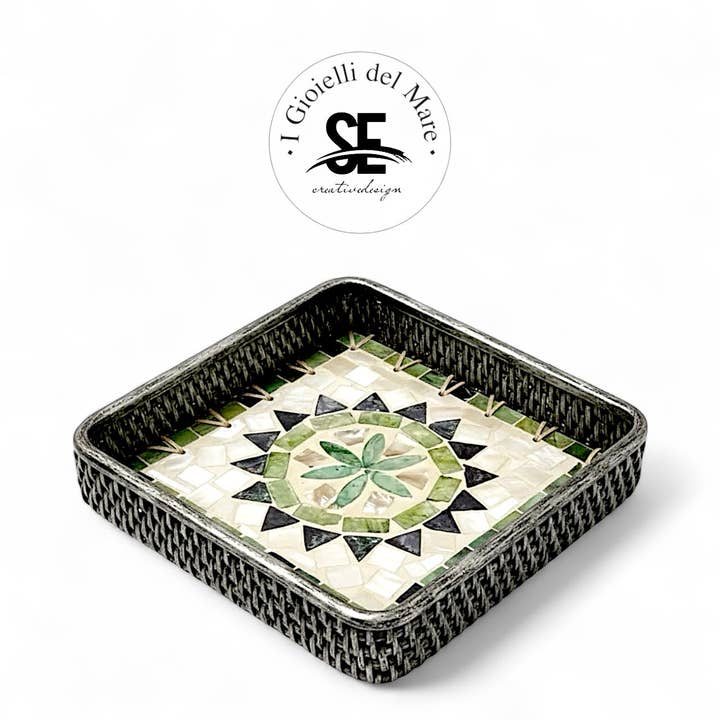 Cod.20144 Square rattan basket coated in silver with mother-of-pearl mosaic 🆕 for wholesale by I Gioielli del Mare di Salvatore Esposito