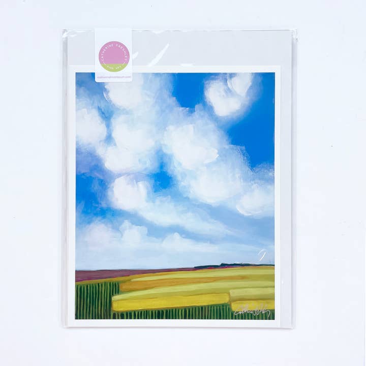 Impression artistique de paysage de fleurs jaunes avec ciel bleu pour la vente par Catherine Freshley Art