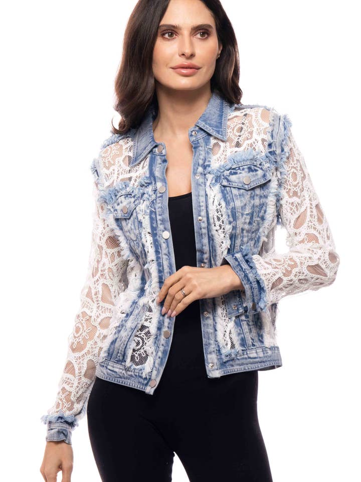 2623W Jeansjacke mit Spitzenbesatz und Used-Look für den Großhandel von Adore