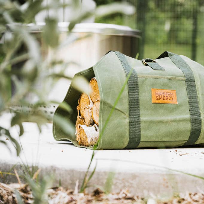 Mayhem & Mercy - Wholesale Storage Bin - Premium Waxed Canvas Firewood Sling Tote Wood Log Carrier0