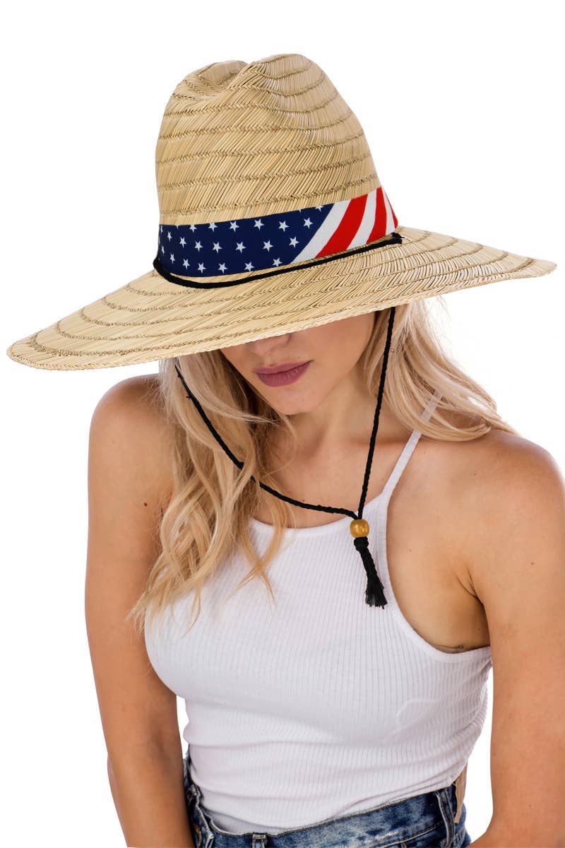 COME MOSTRATO Cappello da bagnino in paglia con banda larga con bandiera americana in vendita all'ingrosso su Faire1