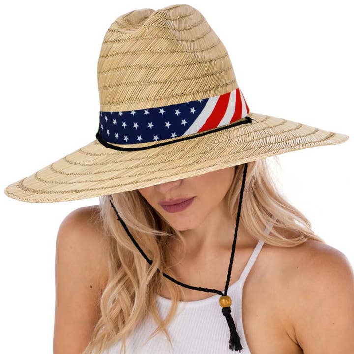 COME MOSTRATO Cappello da bagnino in paglia con banda larga con bandiera americana in vendita all'ingrosso su Faire1