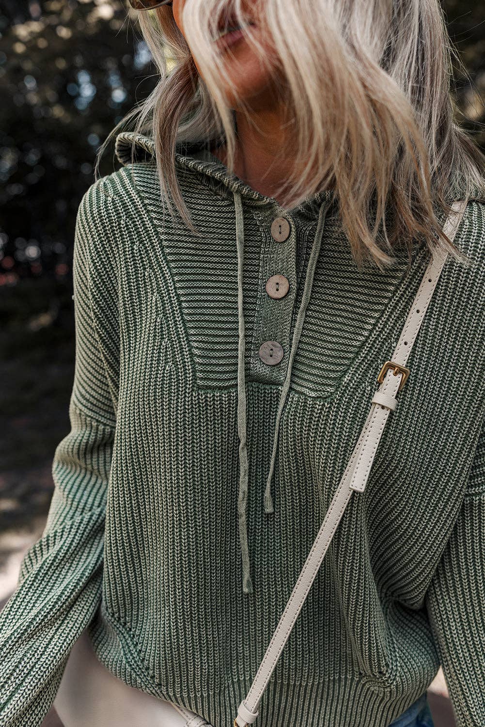 Mist Green Mineral Wash Ribbed Knit Button Drawstring Neck Hooded Sweater for wholesale on Faire4