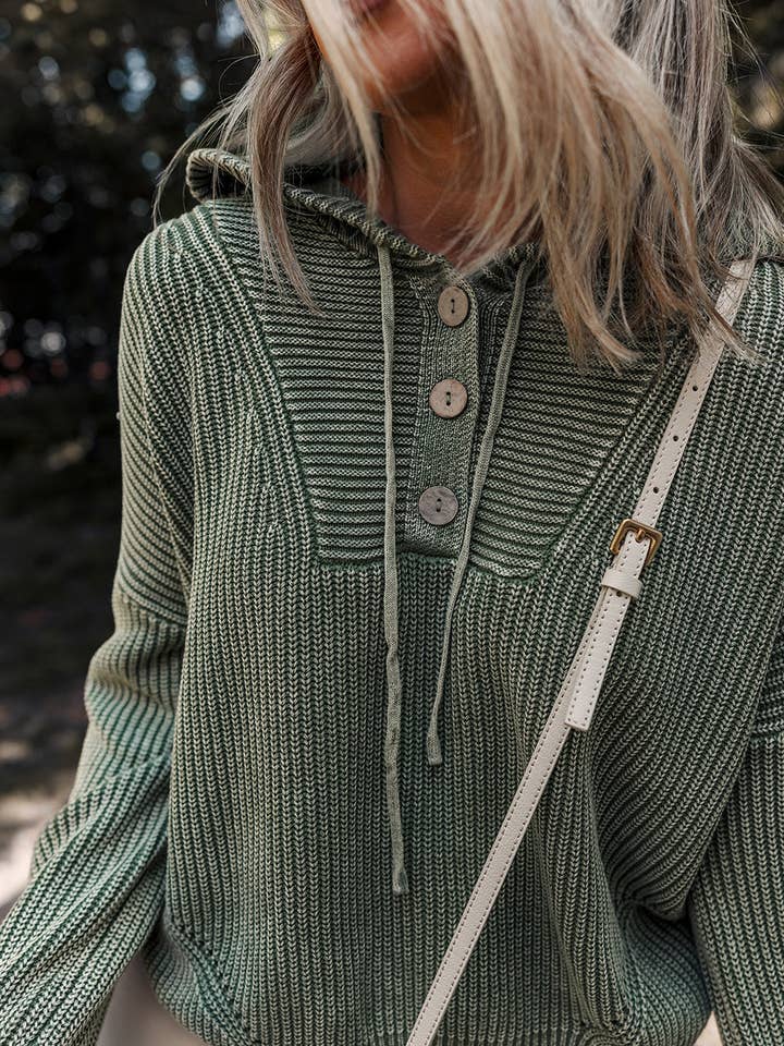 Mist Green Mineral Wash Ribbed Knit Button Drawstring Neck Hooded Sweater for wholesale on Faire4
