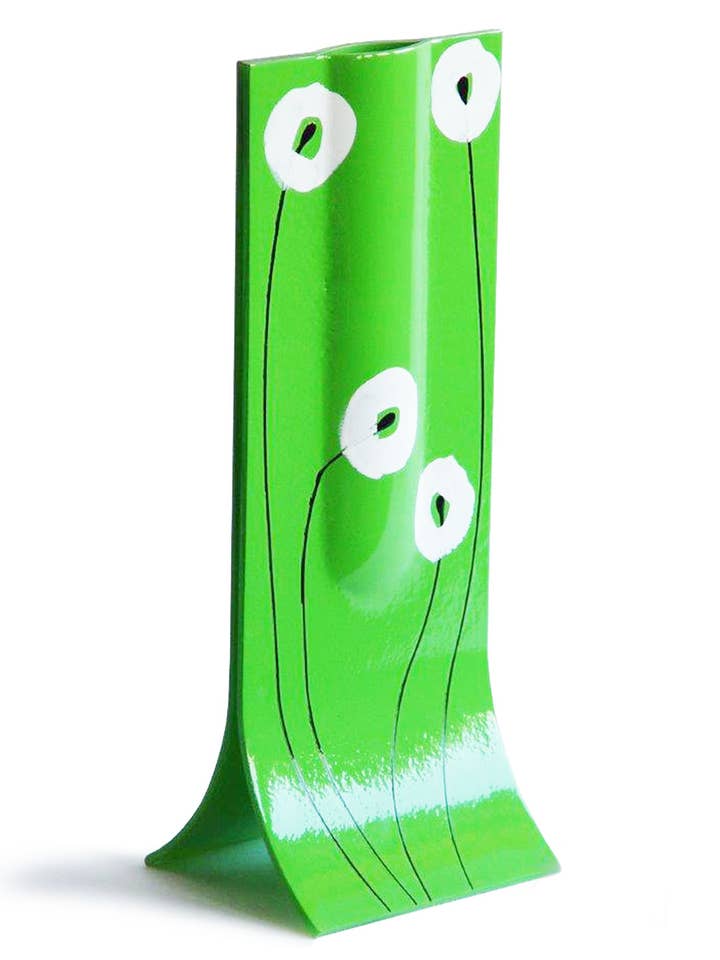 Groene vaas van 14x36 cm met zwart-wit papavermotief voor wholesale door CARNEOL GLASS