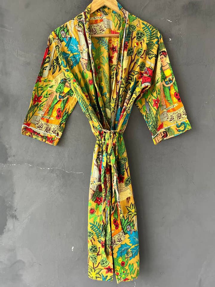 Frida Kahlo Print Robe Soft Cotton Dress Indian Kimono Robes for wholesale by Bhawana Handicrafts