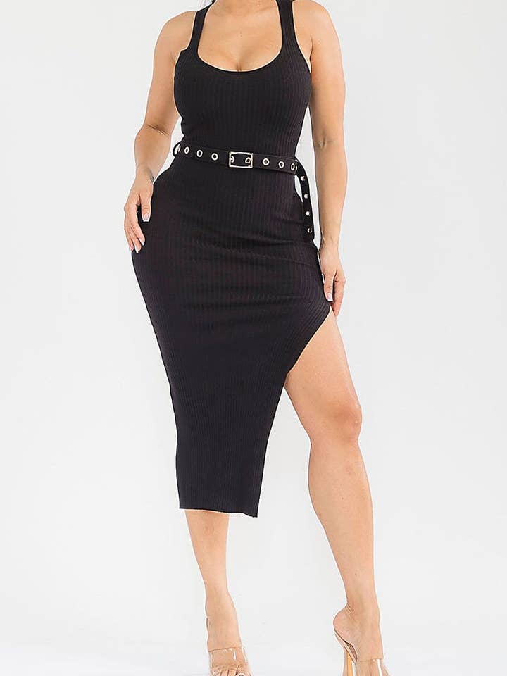 SIDE SLIT BELTED RIBBED BODYCON MIDI DRESS for wholesale by ROUSSEAU