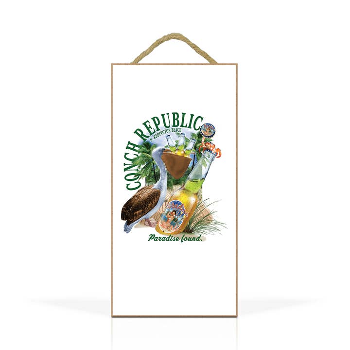 Plaque en bois suspendue personnalisable de 5 x 10 po : Pelican Paradise pour la vente par Matrix