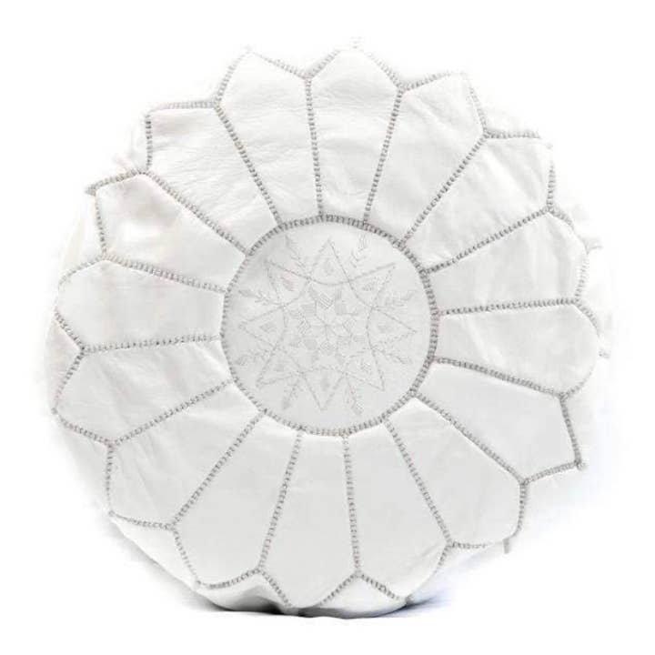 Round Moroccan Leather Pouf in "White" (unstuffed) for wholesale by Eclectic Collective