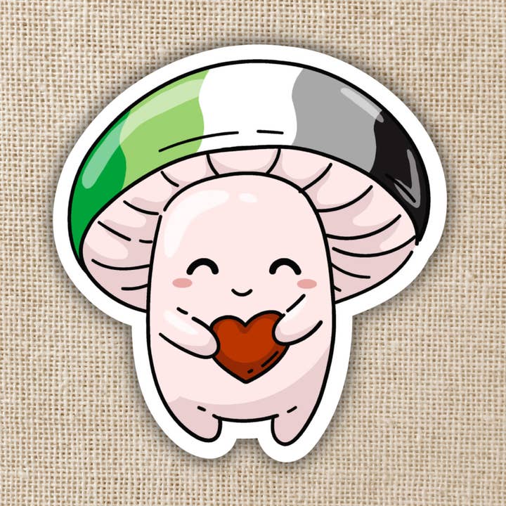 Aromantic Pride Flag Mushroom Sticker for wholesale by Kingdom of Threads