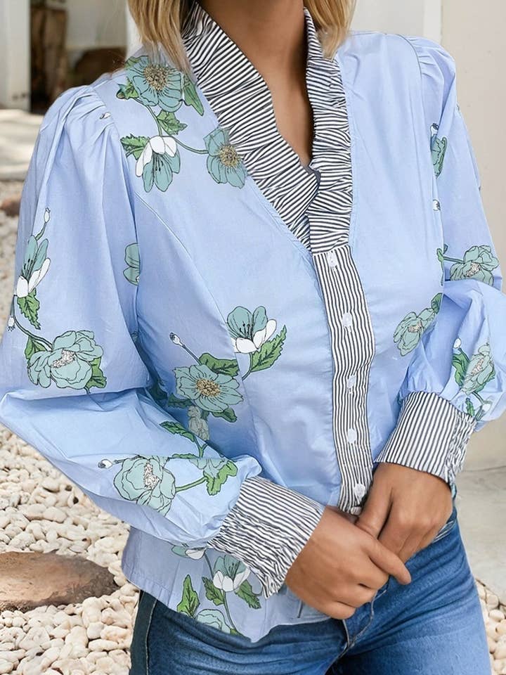 LDC Floral Contrast Striped Trim Ruffled V Neck Fall Blouse for wholesale by Little Daisy Closet