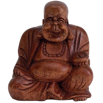 Wooden Happy Laughing Buddha Statue Hand Carved - 3.5"- 4" for wholesale by OMA - Eclectic Home