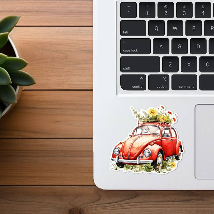 Missional Merch - Venta al por mayor Pegatina - Pegatina VW Beetle con flores, bonita pegatina, hippie Happy