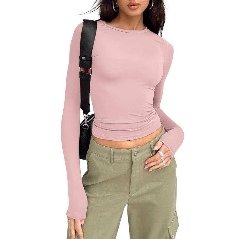 Sheer Trend - Wholesale T-Shirt - Women's - Solid Color Casual Long Sleeved Slim Fit T-Shirt4