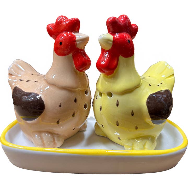 Texas Toy Distribution - Wholesale Salt & Pepper Shaker Set - Chickens Ceramic Salt and Pepper Shaker Farm Set with Tray
