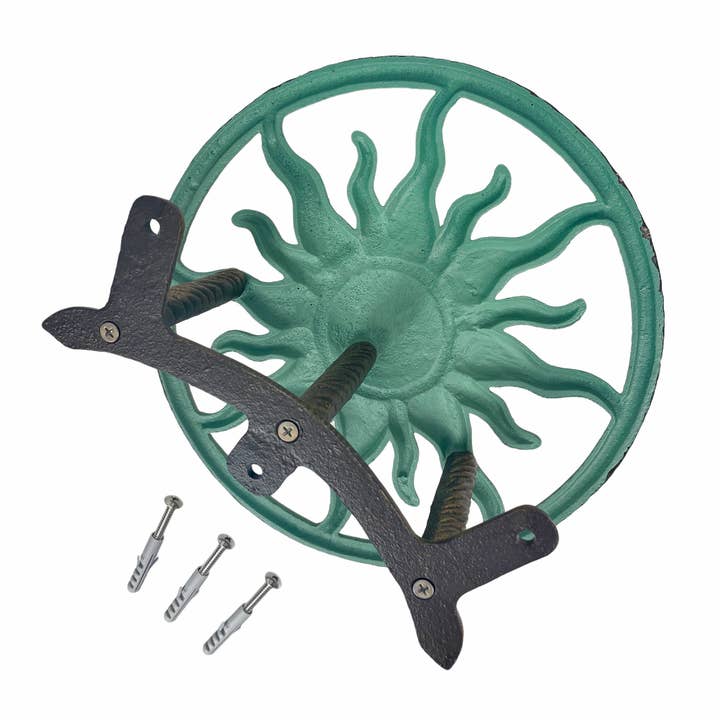Zeckos - Wholesale Outdoor Ornament/Decor - Decorative Sun Cast Iron Hose Holder In Verdigris & Bronze 4
