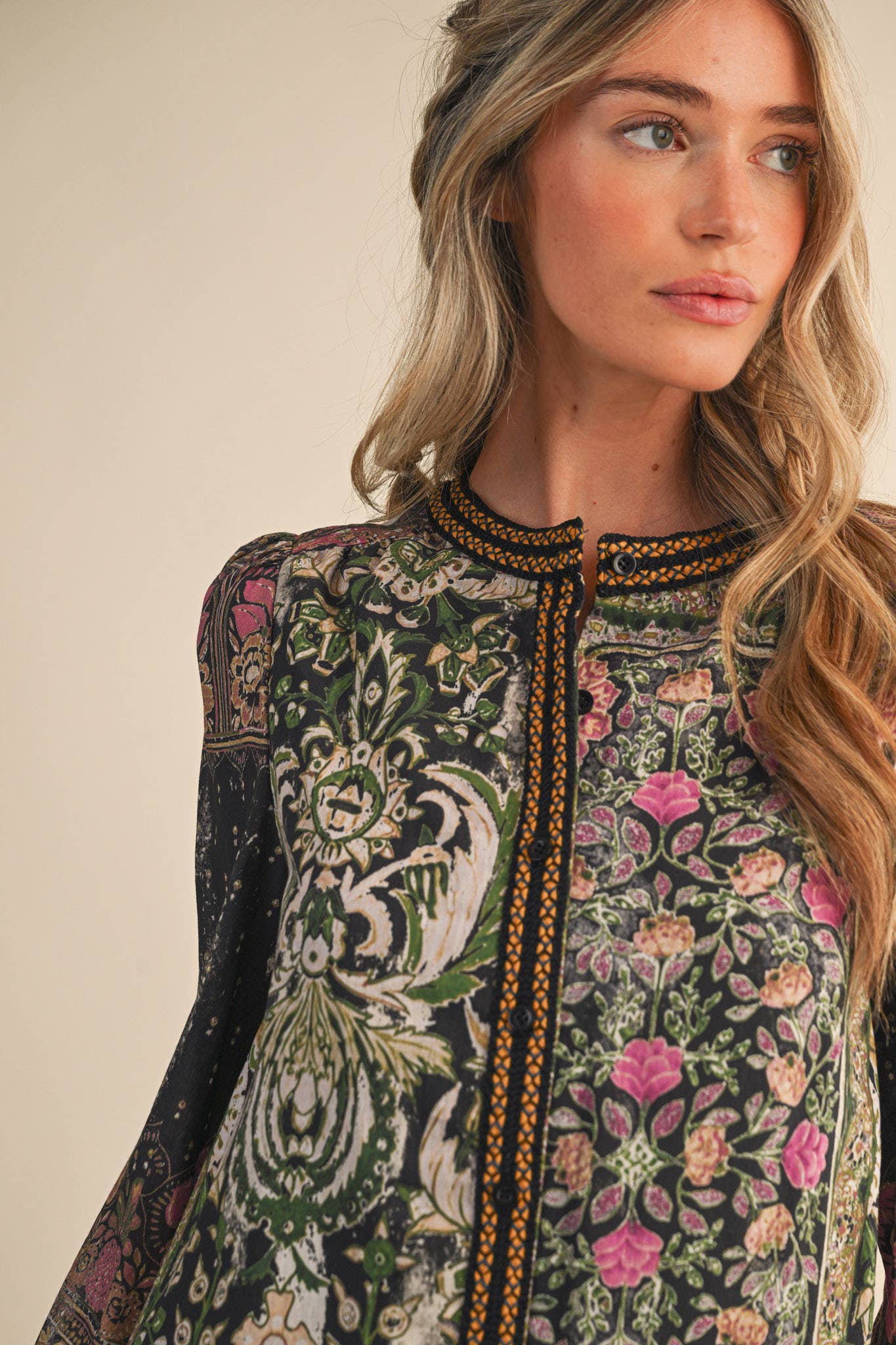 &MERCI - Wholesale Button Down Shirt - Women's - PATCHWORK PRINT CROCHET TRIM BUTTON DOWN TOP MTP438216