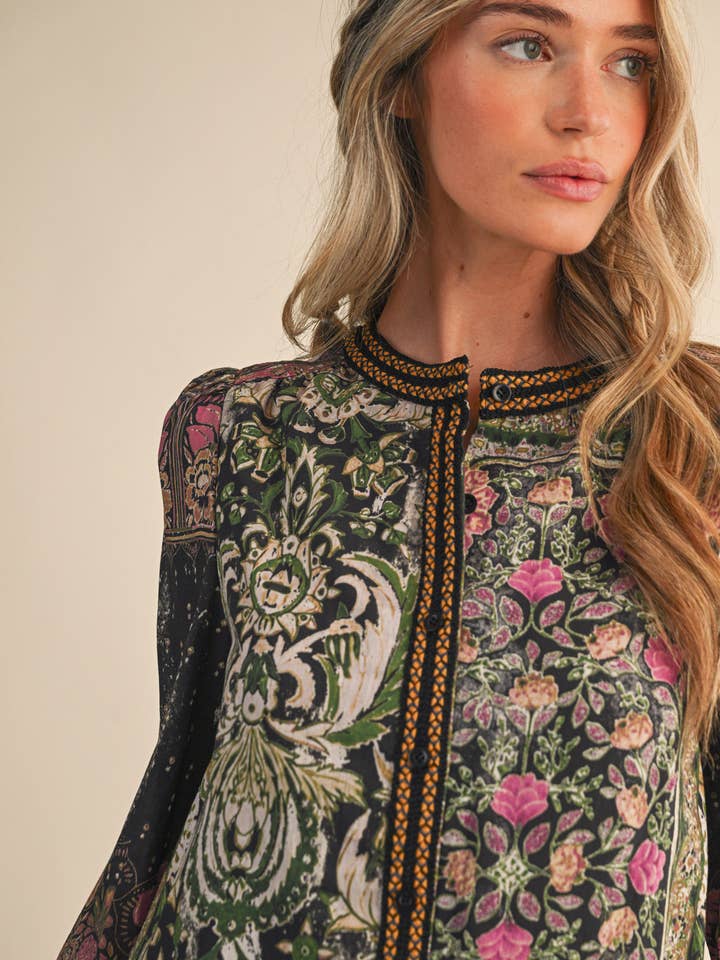 &MERCI - Wholesale Button Down Shirt - Women's - PATCHWORK PRINT CROCHET TRIM BUTTON DOWN TOP MTP438216