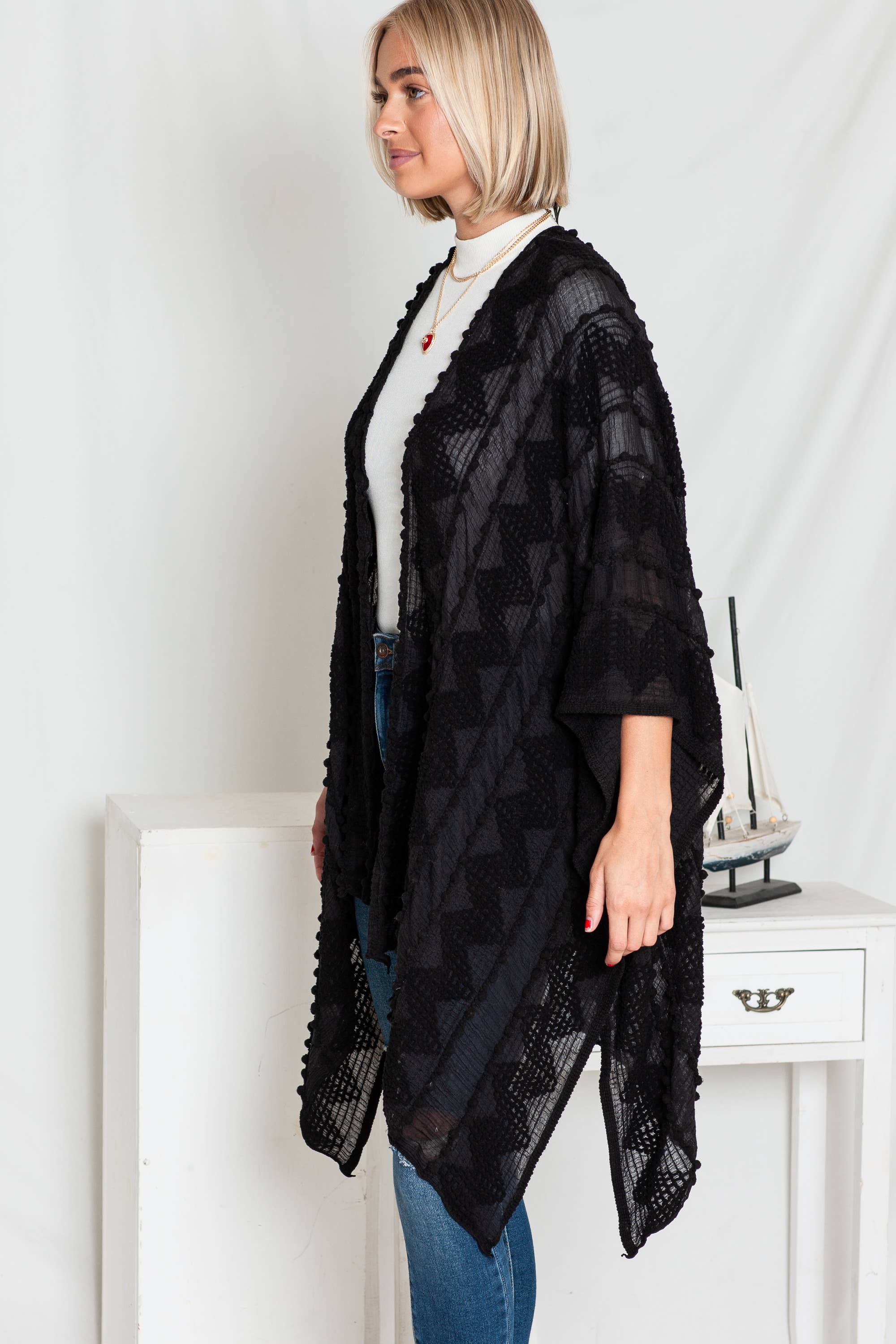 Justin & Taylor - Wholesale Kimono - Women's - Puffer-Up | Soft Textured Cover-Up Kimono With Pom Detail27