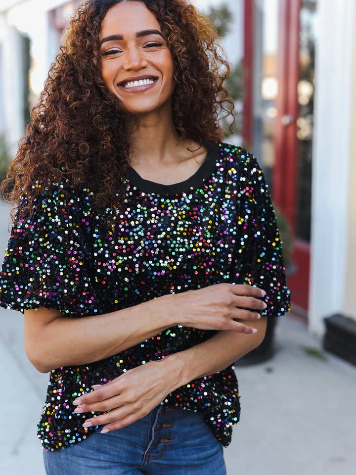 Promenade - Vente Chemisier – femme - Haut de fête en velours noir à sequins multicolores avec manches bouffantes (paquet ouvert)13