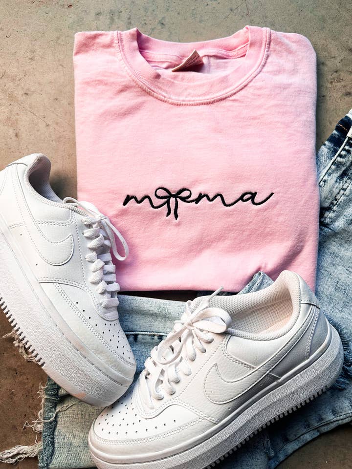 Mama Bow Pink Embroidery Graphic Tee for wholesale by D&E Tees