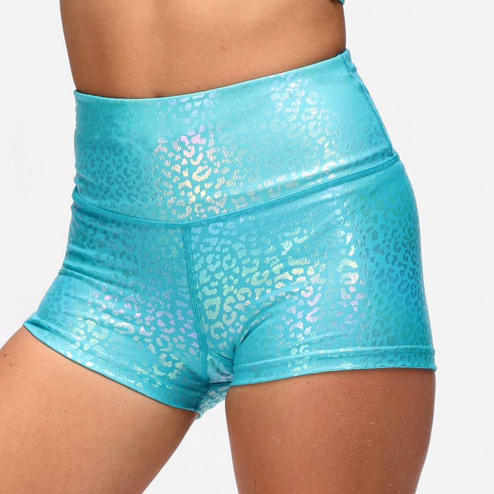 Aqua Foil Leopard TikiBooty Shorts for wholesale by Tikiboo