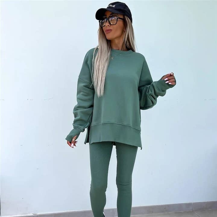 UZ Wholesale Store - Wholesale Lounge Set - Women's - Solid Color Round Neck Slit Sweatshirt And Skinny Pants Set