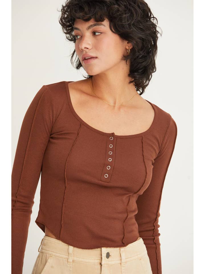 Ribbed Long Sleeve Button Front Top for wholesale by HYFVE