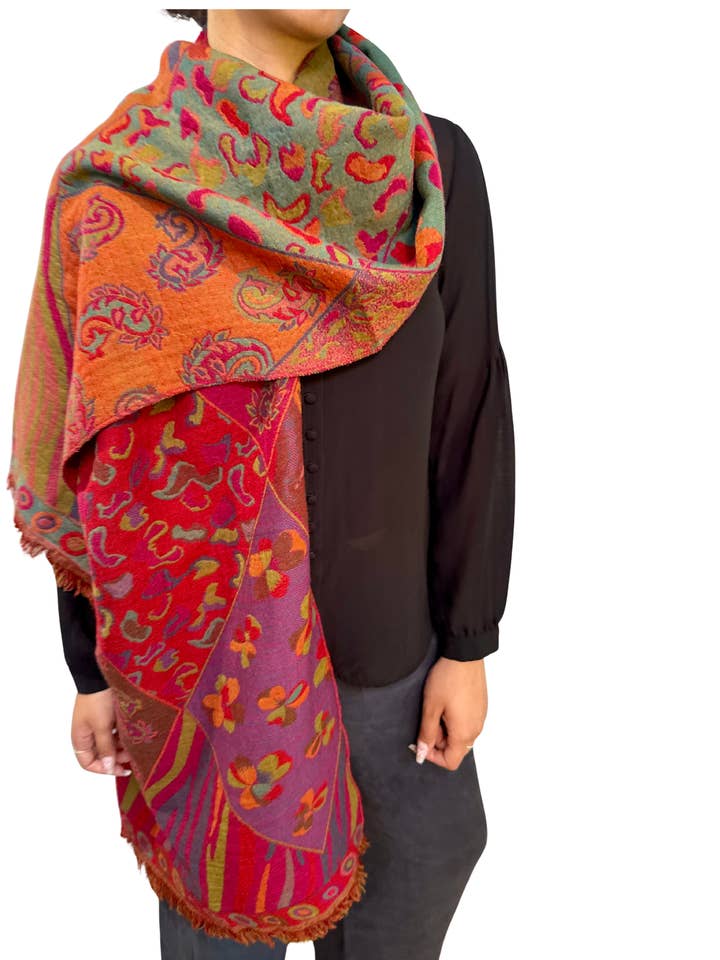 Reversible Merino Boiled Wool Shawl Fuchsia Multicolor for wholesale by In Style Scarves