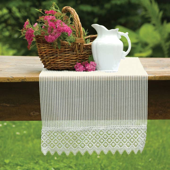 Chelsea 14x90 Ecru Lace Table Runner w/ Macramé Trim for wholesale by Heritage Lace